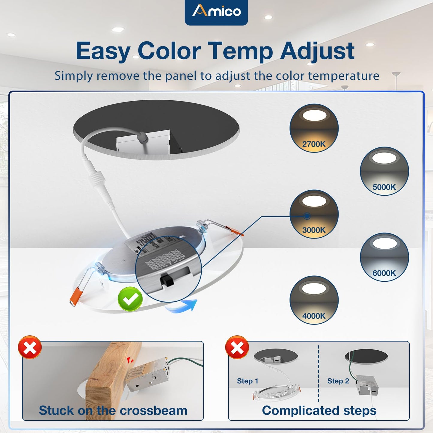 Amico 24 Pack 6 Inch 5CCT Ultra-Thin LED Recessed Light with Junction Box, 2700K/3000K/4000K/5000K/6000K Selectable, 1000LM Brightness, Dimmable Canless Wafer Downlight, 12W Eqv 110W-ETL&FCC