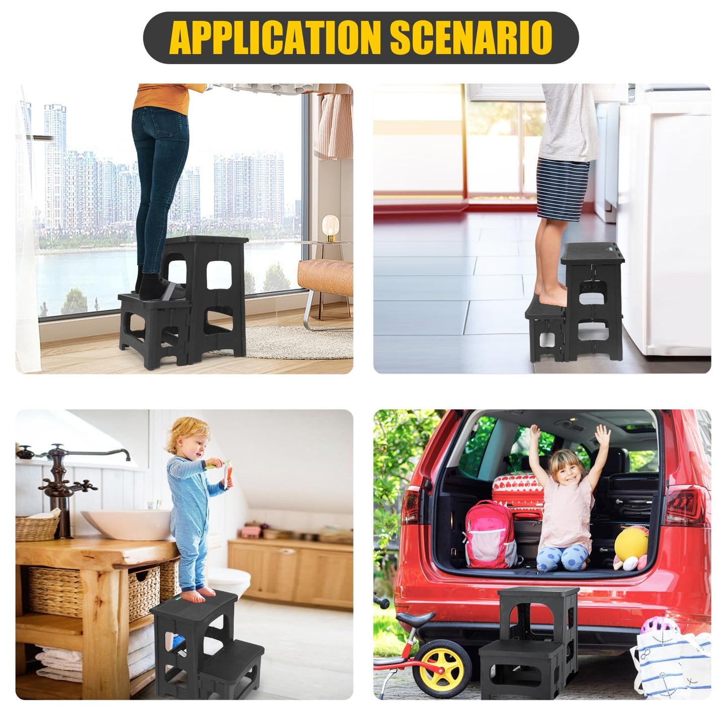 Folding 2-Step Stool for Adults Kids Non-Slip Collapsible Portable Step Stool for Kitchen Home Toilet Bedroom Office Bathroom Rv,Holds 300 Lbs(Black)