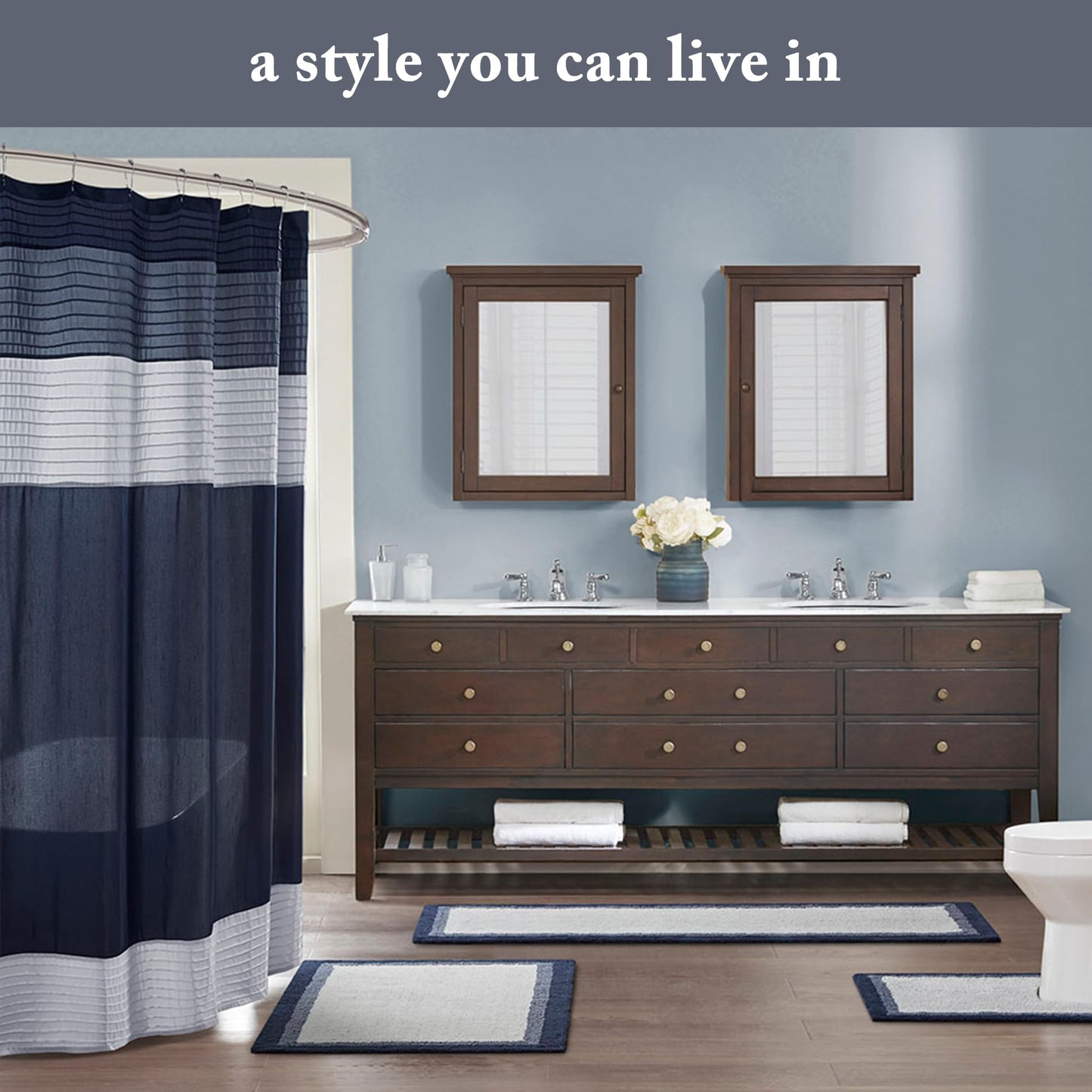 Madison Park Amherst Bathroom Shower Curtain Faux Silk Pieced Striped Modern Microfiber Bath Curtains, 72x84 Inches, Navy