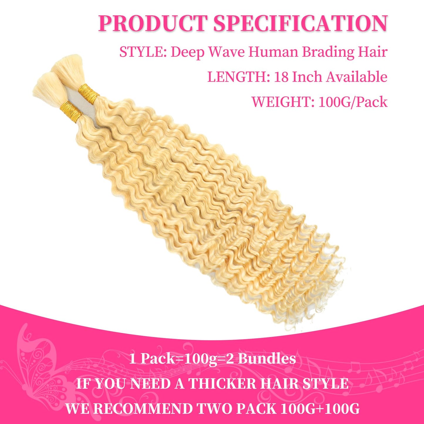 Blonde Braiding Hair 100g 18 Inch Deep Curly Wave 2 Bundles Bulk Human Hair for Braiding Brazilian Virgin Deep Braiding Hair for Boho Braids Wet and Wavy Color 613 Blonde Braiding Human Hair