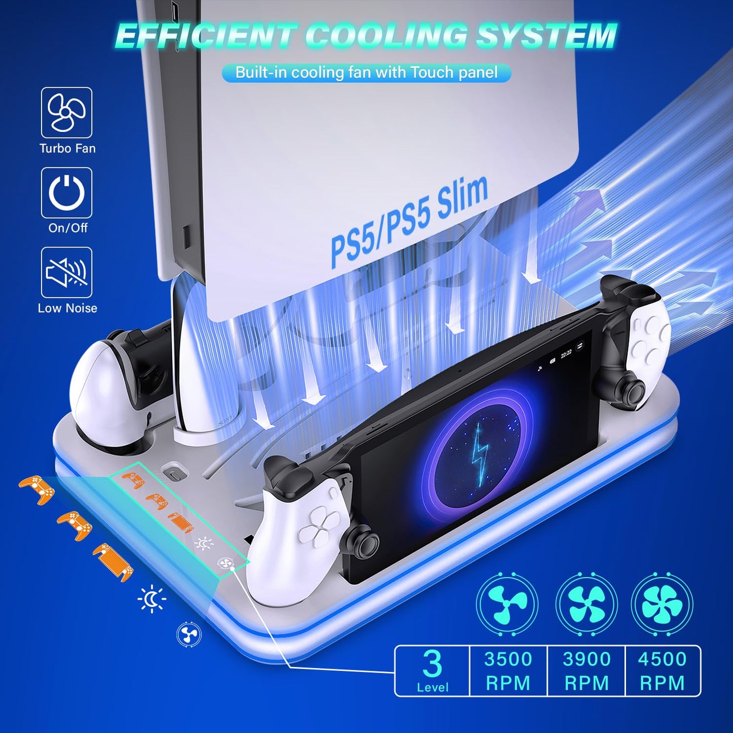 Sehawei PS5/PS5 Slim Stand and Cooling Station with RGB Lighting and 3 Level Cooling Fan,Charging Dock for PS5 Edge Controller and PS Portal,Remote Control and Headset holders,PS5/PS5 Slim Accessories