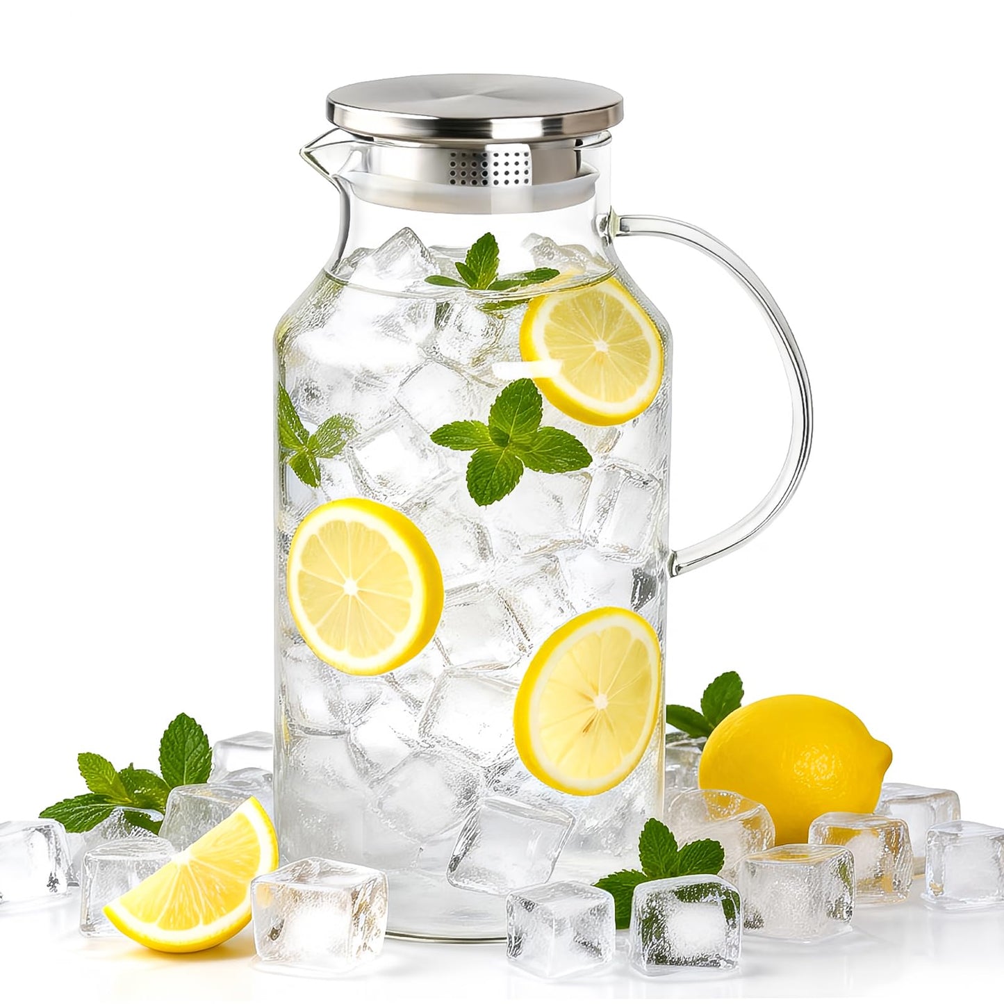 1 Gallon/3.8L Glass Pitcher with Lid, Extra Large Water Carafe Jug, Borosilicate Glass Iced Tea Pitcher, Glass Water Pitcher with Silicone Base, Leak-proof Ring & Cleaning Brush Included (Transparent)