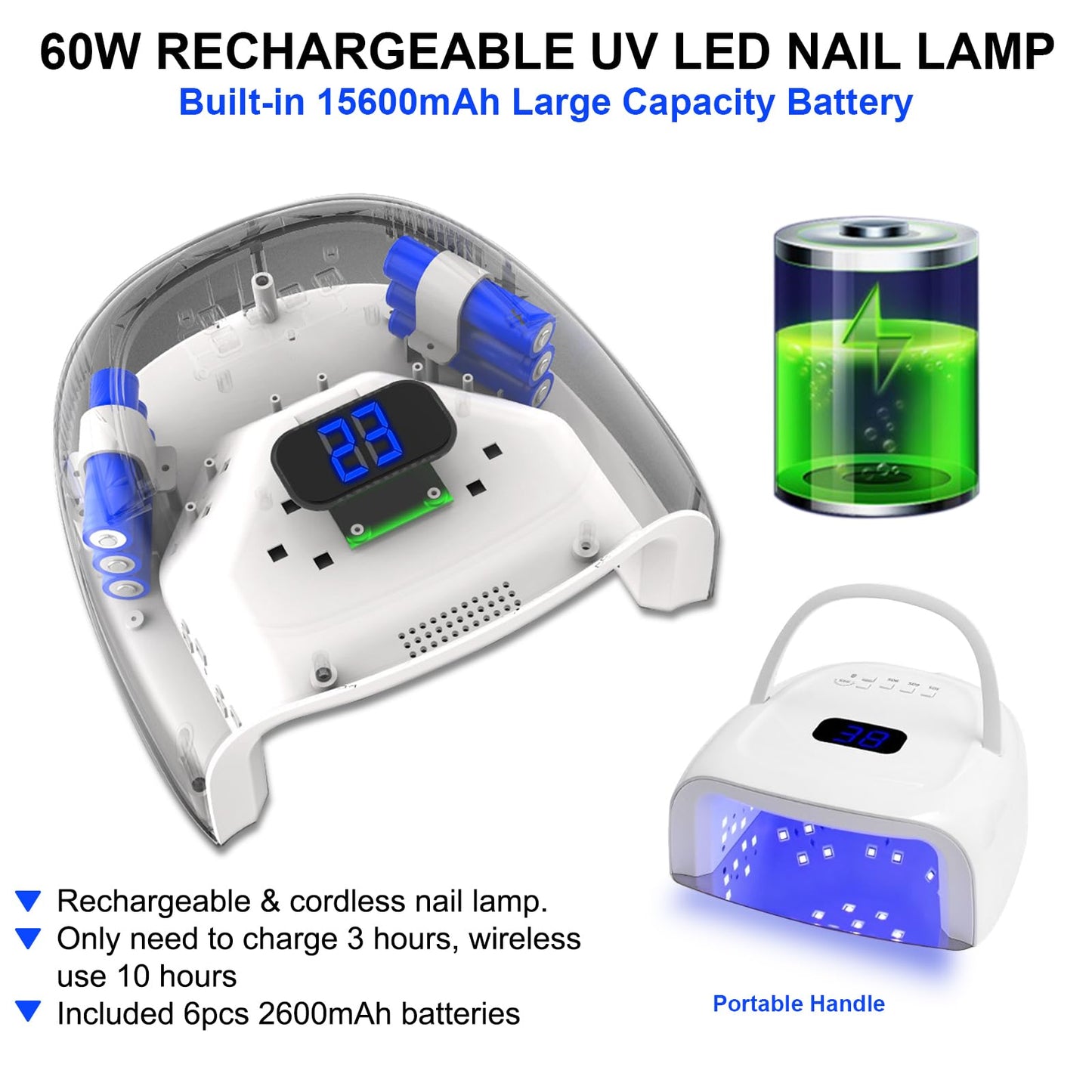 UV LED Nail Lamp,60W Professional Rechargeable UV LED Nail Dryer for Gel Nail Polish Dryer Fast Curing Lamp, 4 Timer Settings Gel Nail Lights for Auto Sensor Nail Machine