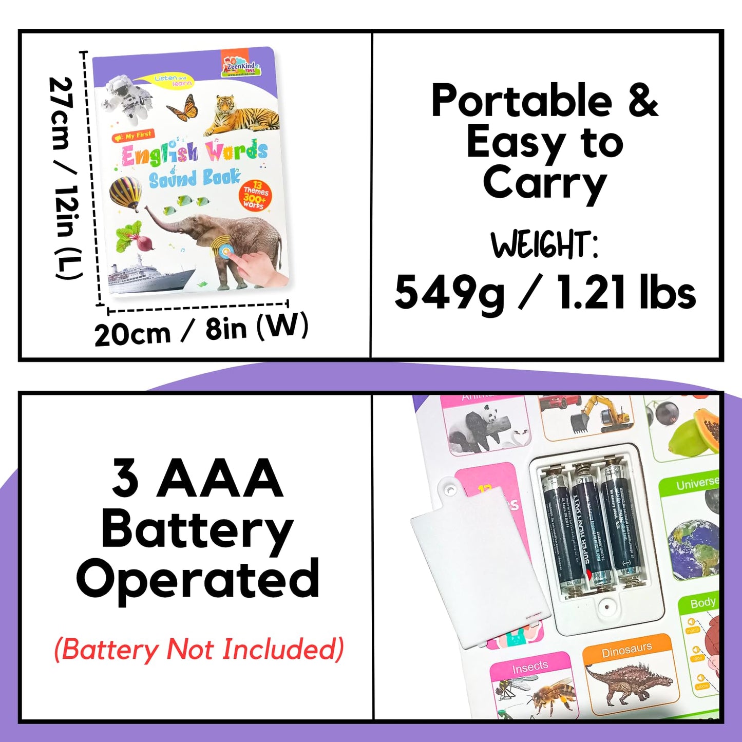 ZeenKind English Learning Talking Book for Kids 3 4 5 6 Years Old, 300+ Words Interactive Audio Sound Books for Toddlers, Early Learning Educational Electronic Musical Toy