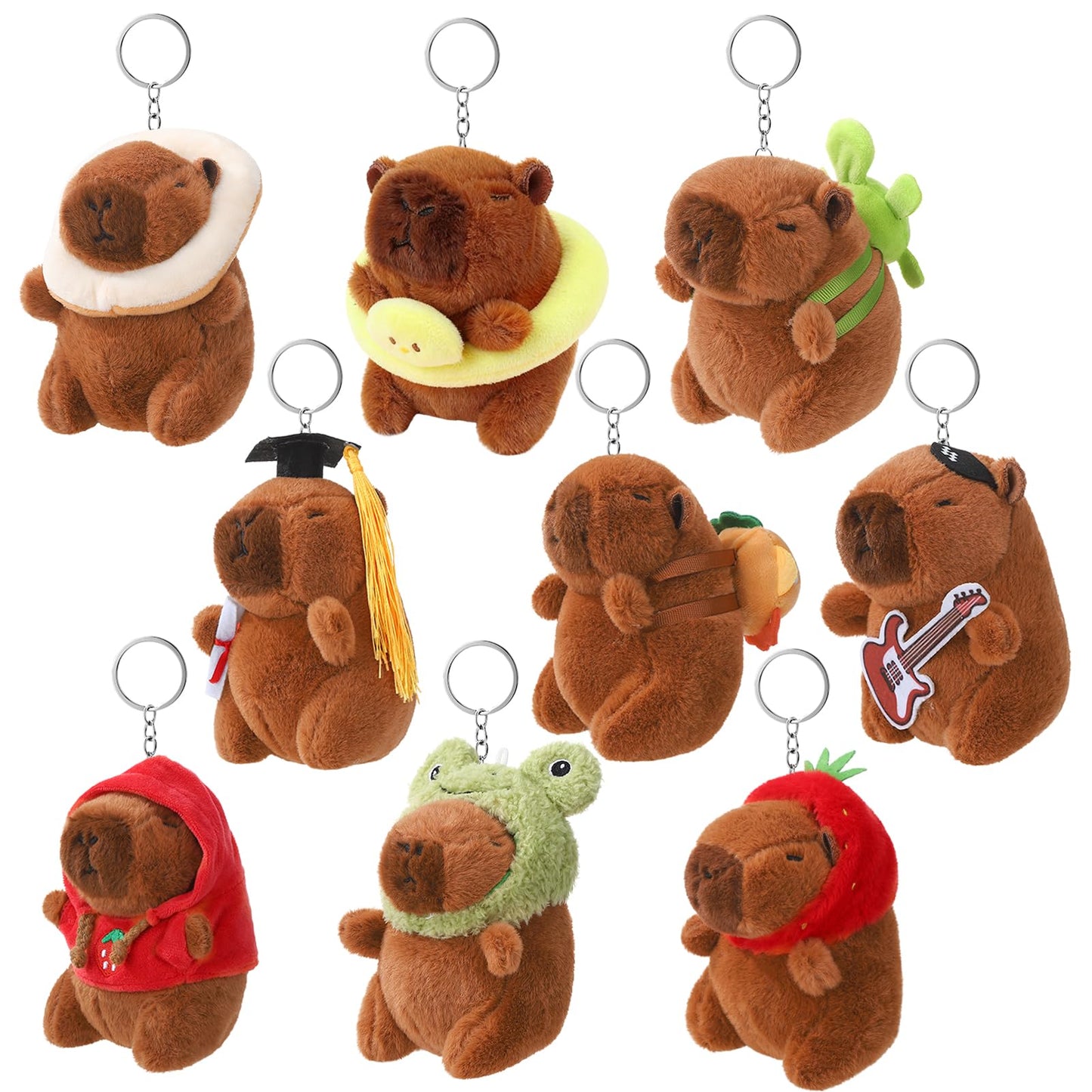 Guiqulai 9 Piece Capybara Plush Keychain Set, Cute Animal Keychains with Turtle Strawberry Hat Bread Outfits for Backpack Gifts