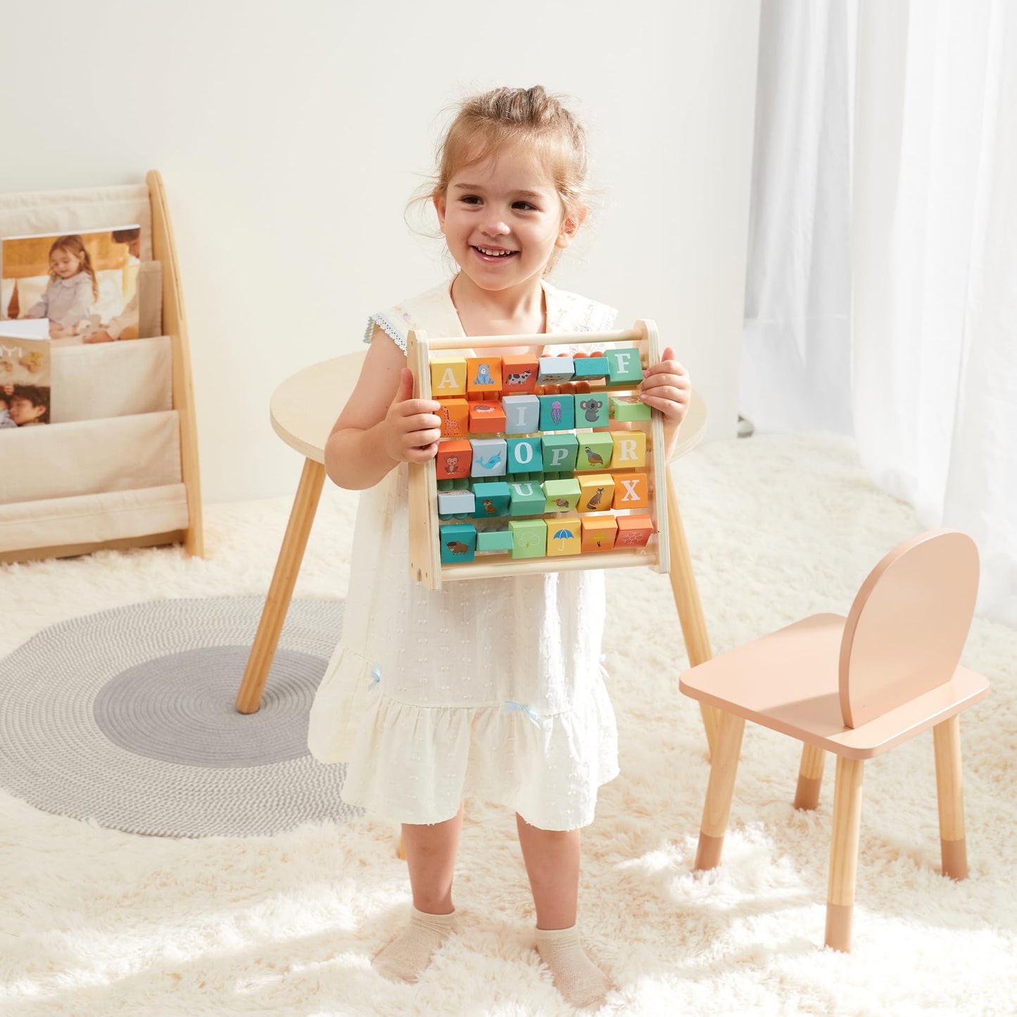 FReniland Wooden Activity Cube - Double Sided Abaco and Alphabet Tiles for Toddlers 18 Meters, Educational Learning Toy for Math and ABC Fun