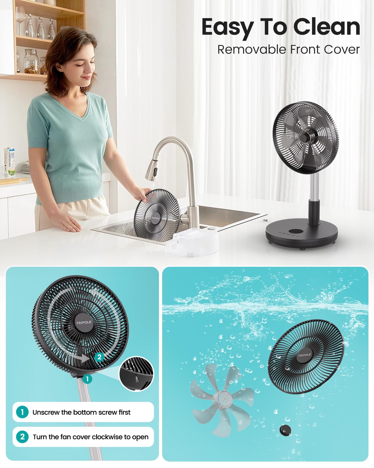 TriPole Foldable Standing Fan 12" Portable Rechargeable Battery Pedestal Fan with Remote, Timer Setting, Height Adjustable, for Home Office, 6 Speed, 12000mAh (Black)