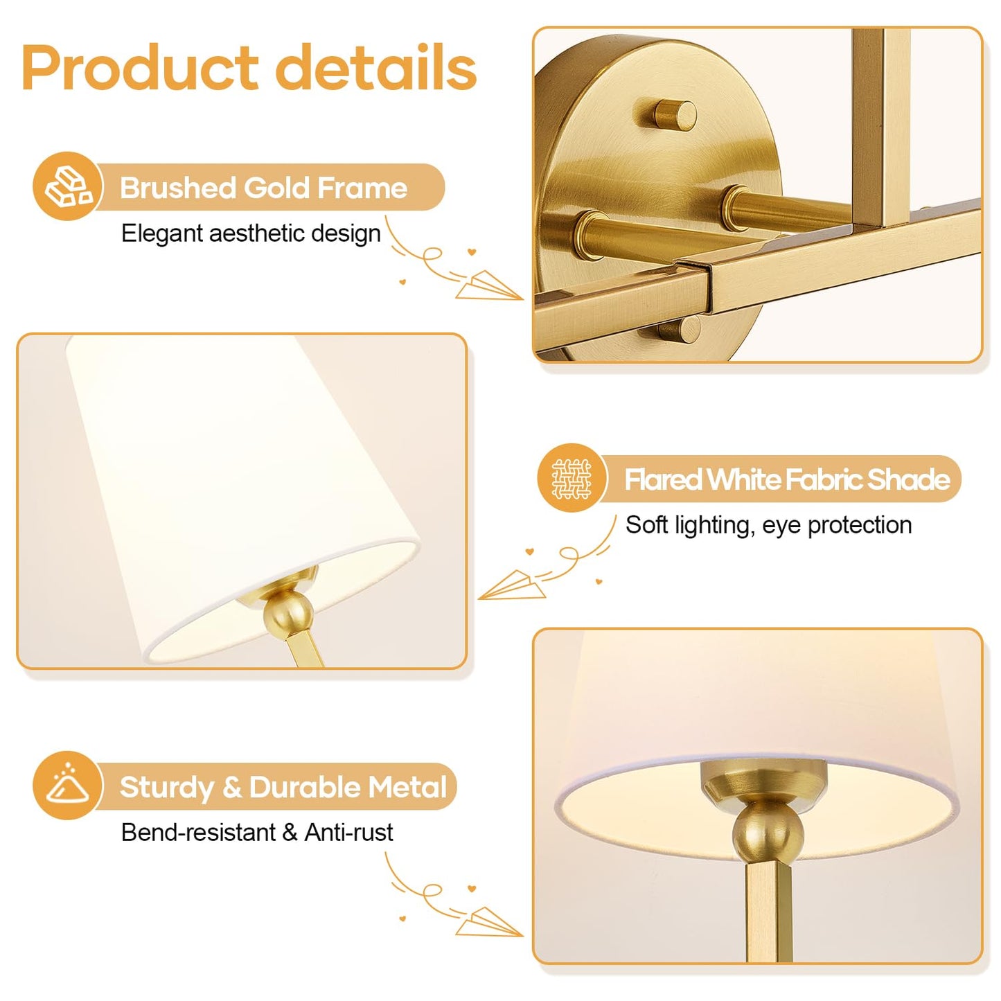 MOKATNG Bathroom Light Fixtures, 3-Light Brushed Gold Vanity Lights, Bathroom Lighting Fixtures Over Mirror with Flared White Fabric Shade, Modern Wall Sconces for Living Room Hallway