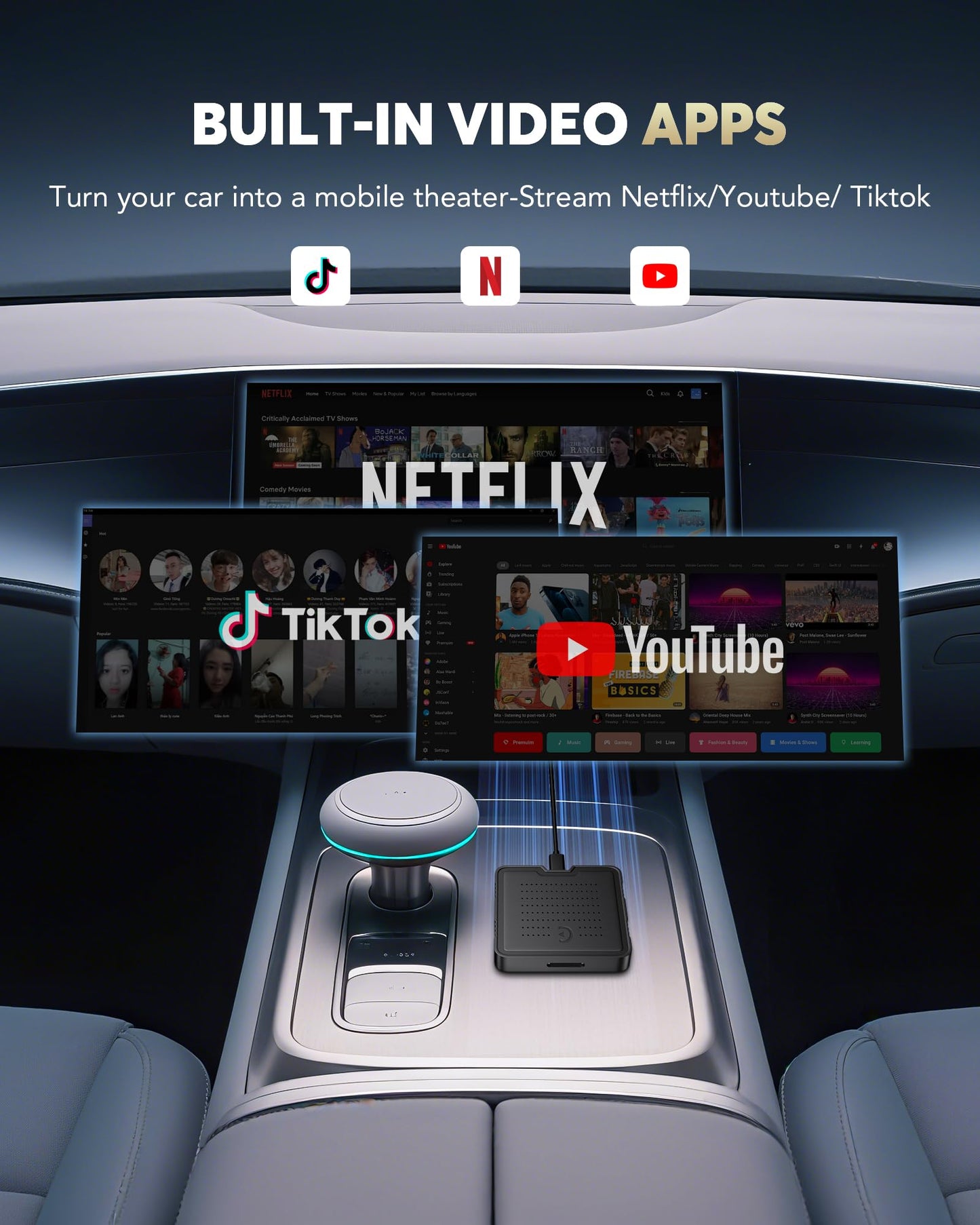 HGLEQ 2-in-1 Wireless CarPlay Adapter for Streaming Netflix/YouTube/TikTok/TF Card, 2025 Magic Video AI Box & Android Auto Dongle, Plug & Play, Fit with iPhone 8+/iOS10+/Android 11+