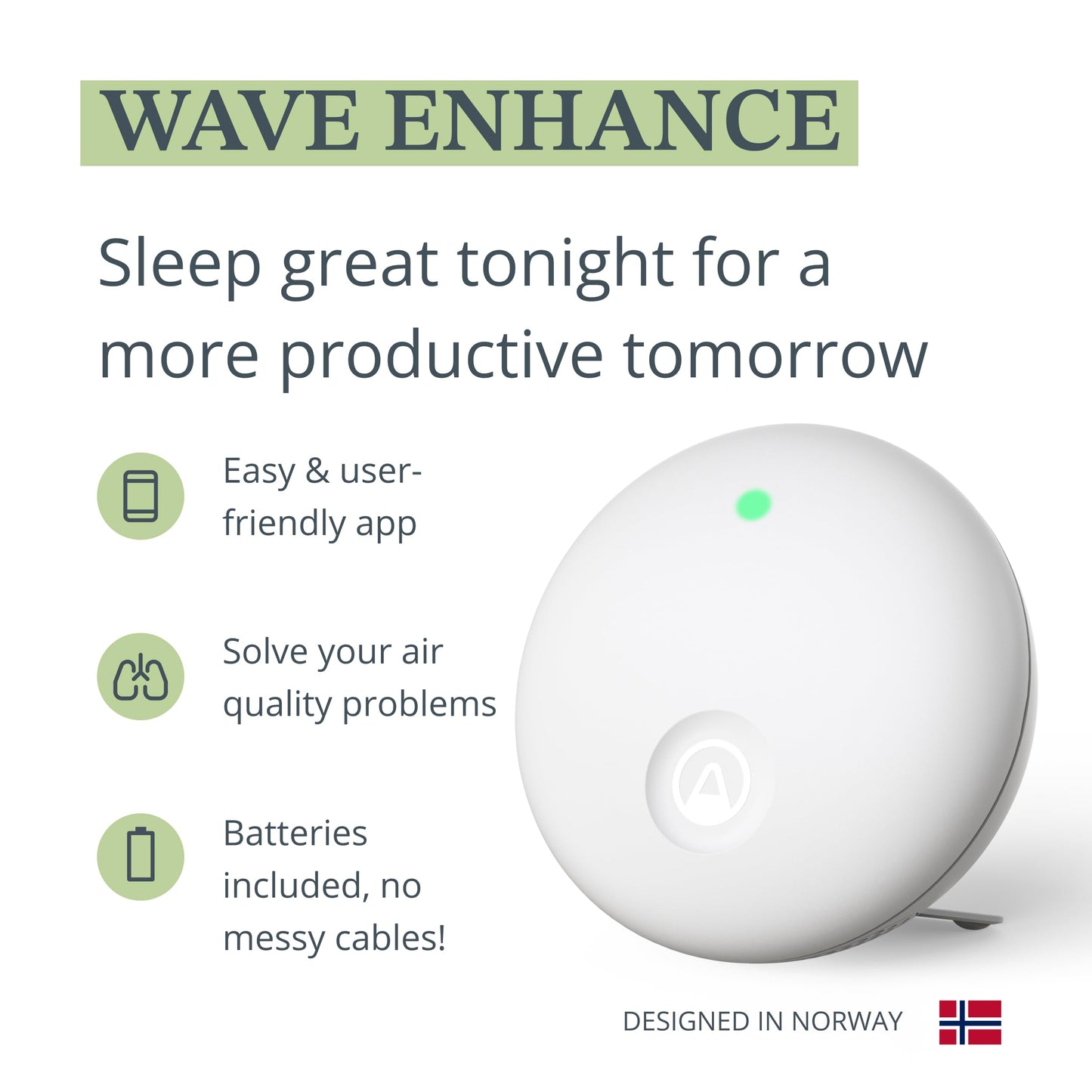 Airthings 322 Wave Enhance -Indoor Air Quality Monitor for CO2, VOC, Humidity, Temp, Pressure plus Noise & Light Sensors - Monitors Conditions for Sleep in Bedrooms & for Concentration in Home Offices