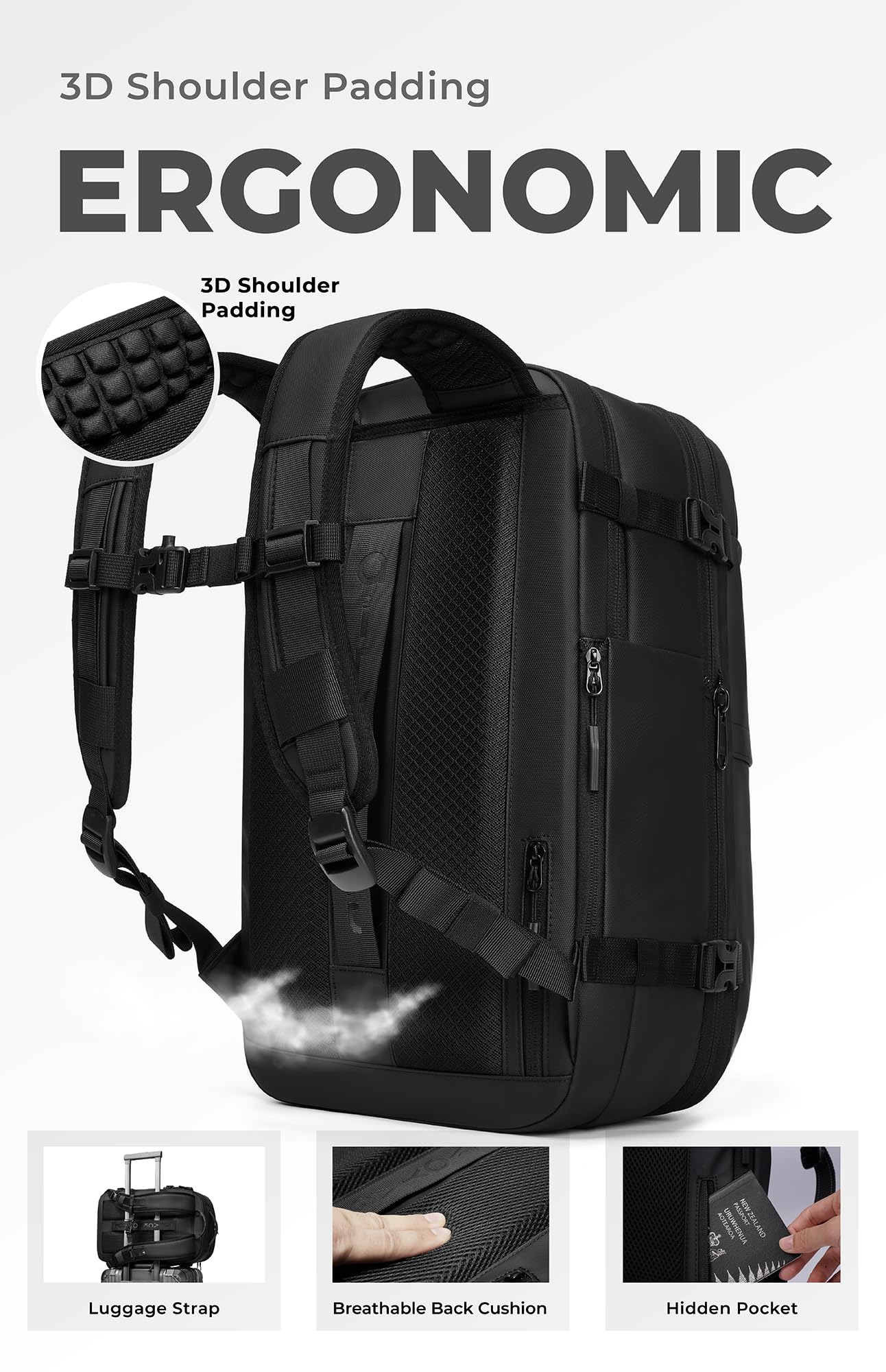 AirVault Vacuum Seal Travel Backpack 60L - Expandable Air Compression Vacuum System, Airback, Vacpack, Water-Resistant, Carry-On with TSA Lock Fits 19" Laptop, Backvac (Black)