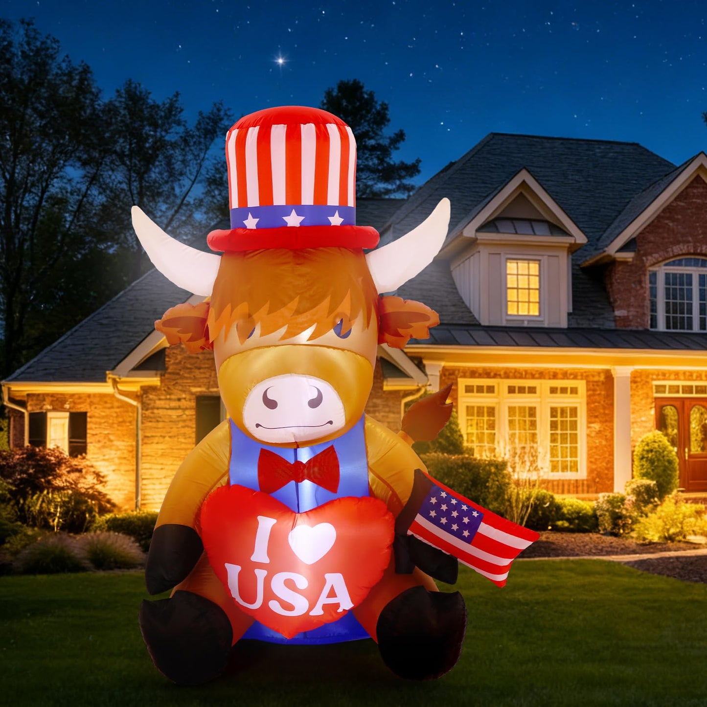 Sosation 5ft USA Patriotic Inflatable Highland Cow 250th Anniversary with LED Lights Memorial Day Red White Blue Blow up Lighted Yard Decor for 4th of July Holiday Indoor Outdoor Lawn Garden Party