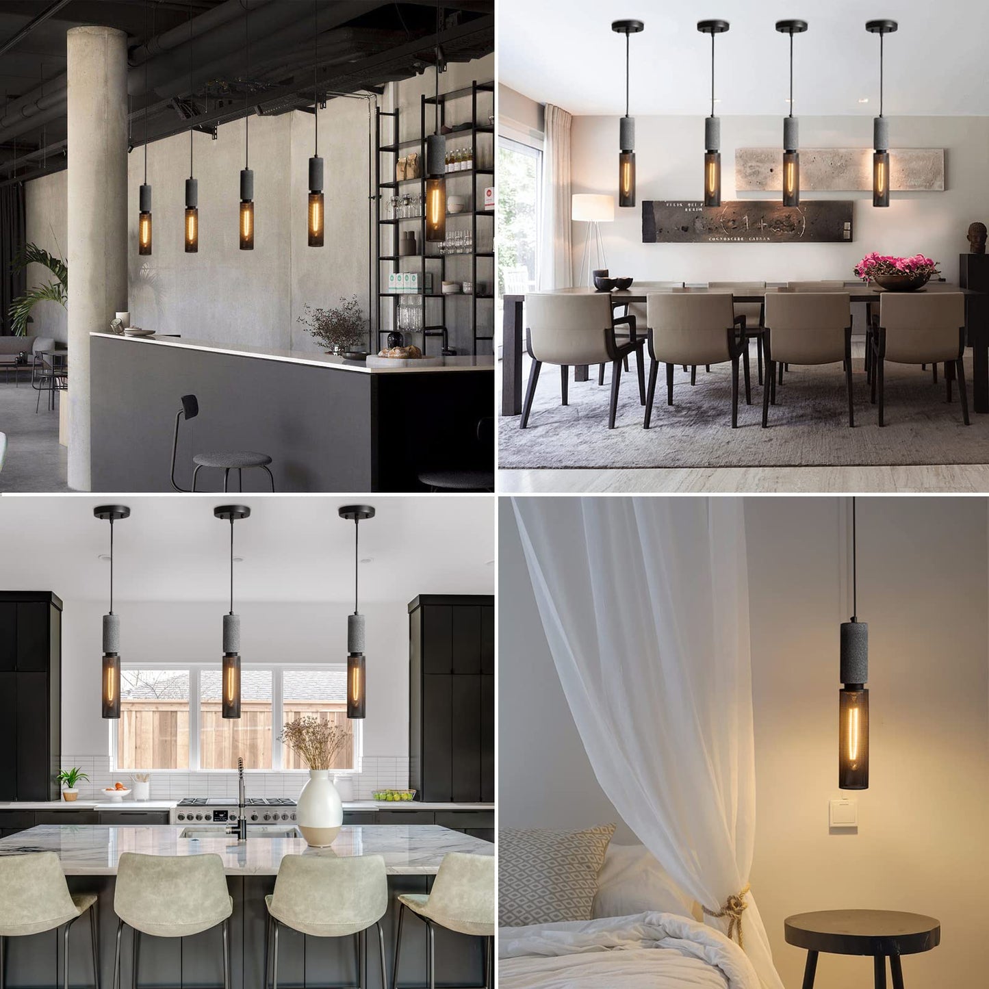 ADCTHOME Concrete Linear Pendant Light with a Metal Mesh Shade,Modern Industrial Hanging Cement Pendant Lighting Fixture for Kitchen Island Dinning Room Bedroom(Black 2-Pack)