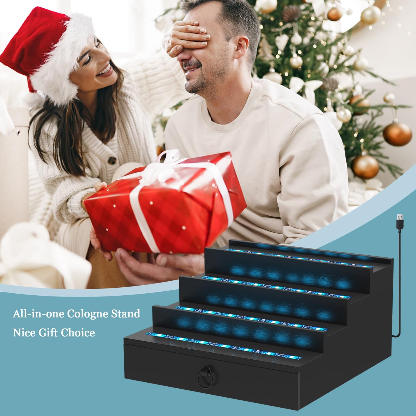 LED Lighted Cologne Organizer for Men, 4 Tier Wood Perfume Organizer with Velvet Lined Drawer, Multi Lighting Modes Perfume Display Holder with Remote Control, Cologne Shelf Stand, Nice Gift for Men