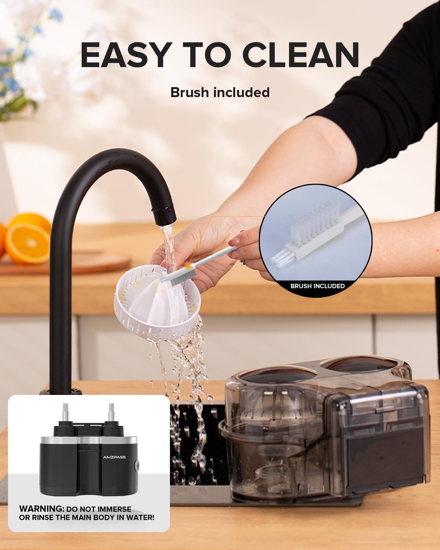 Amzpass Dual-Head Electric Citrus Juicer, Lemon Squeezer with Power Cord and Cleaning Brush, 1-Button Automatic Juicer Machine for Orange, Lemon, Lime, Easy to Clean & Use, Built-in Cutter(Black)