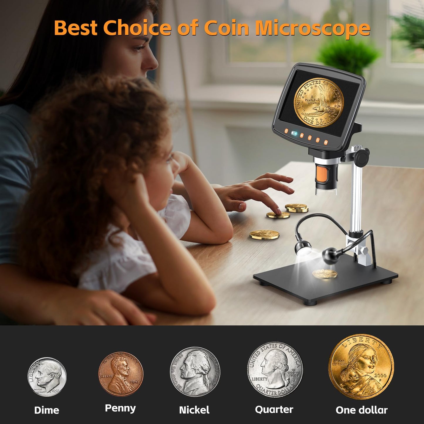7'' Digital Microscope 1500X, HDMI LCD Microscope 8.5‘’ Longer Stand, Coin Microscope for Adults with 12MP Ultra-Precise Camera Sensor, Compatible with TV/Windows/Mac, 32GB TF Card, 12 Slides