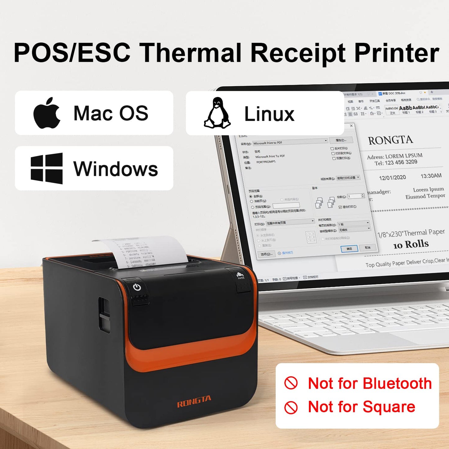 Rongta POS Printer, 80mm Direct Thermal Receipt Printers with Auto Cutter, USB Serial Ethernet Interface, Support Windows/Mac/Linux Cash Drawer, Restaurant Kitchen Printer for ESC/POS (RP332)