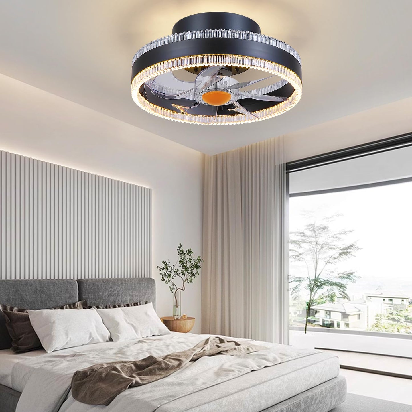 Mpayel Flush Mount Ceiling Fans with Lights - RGB Low Profile Ceiling Fan,13" Small Dimmable LED Bladeless Ceiling Fans, Modern Enclosed LED-RGB Ambient Light for Bedroom, Kids Room, Party