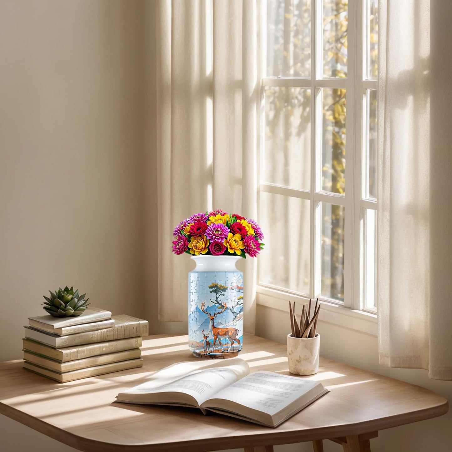 3D Puzzle Vase for Adults, 162-Piece Unique Curved Plastic Flower Vase,House Warming Gift for Flower Arrangements and Home Decor, for Mom (Blue Deer)