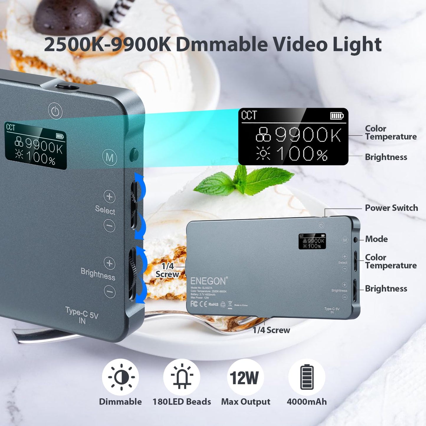 ENEGON 4000mAh Rechargeable Mountable Bicolor LED Video Light with Mini Panel for Professional DSLR Cameras | Photo Video Lighting Long Battery Life | Fits for iPhone Sony Canon Nikon Fuji Panasonic