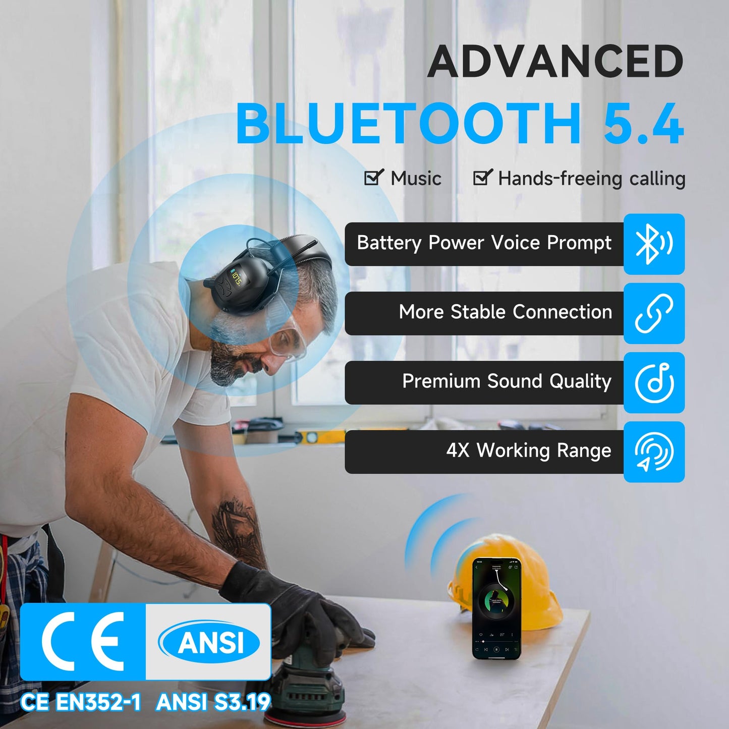 2025 Bluetooth 5.4 AM/FM Radio Ear Protection Headphones with Backlit Digital Display/Mic, 120H Working Time, Rechargeable, 30dB Noise Reduction Safety Earmuffs for Lawn Mowing, Workshop - Black