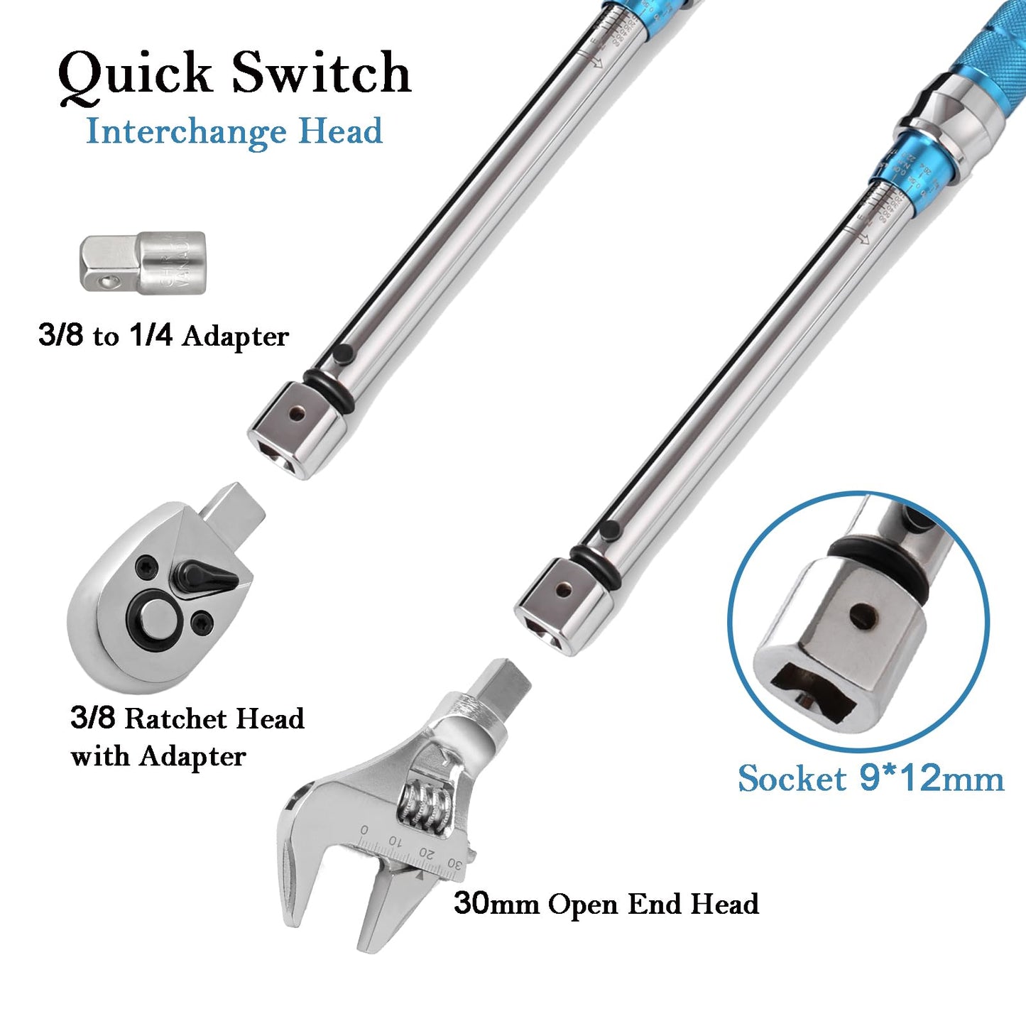 COTOUXKER Adjustable Torque Wrench, 5 to 60 Nm with 30mm Open End and 3/8 Drive Ratchet Changeable Head for Hvac Mini Split