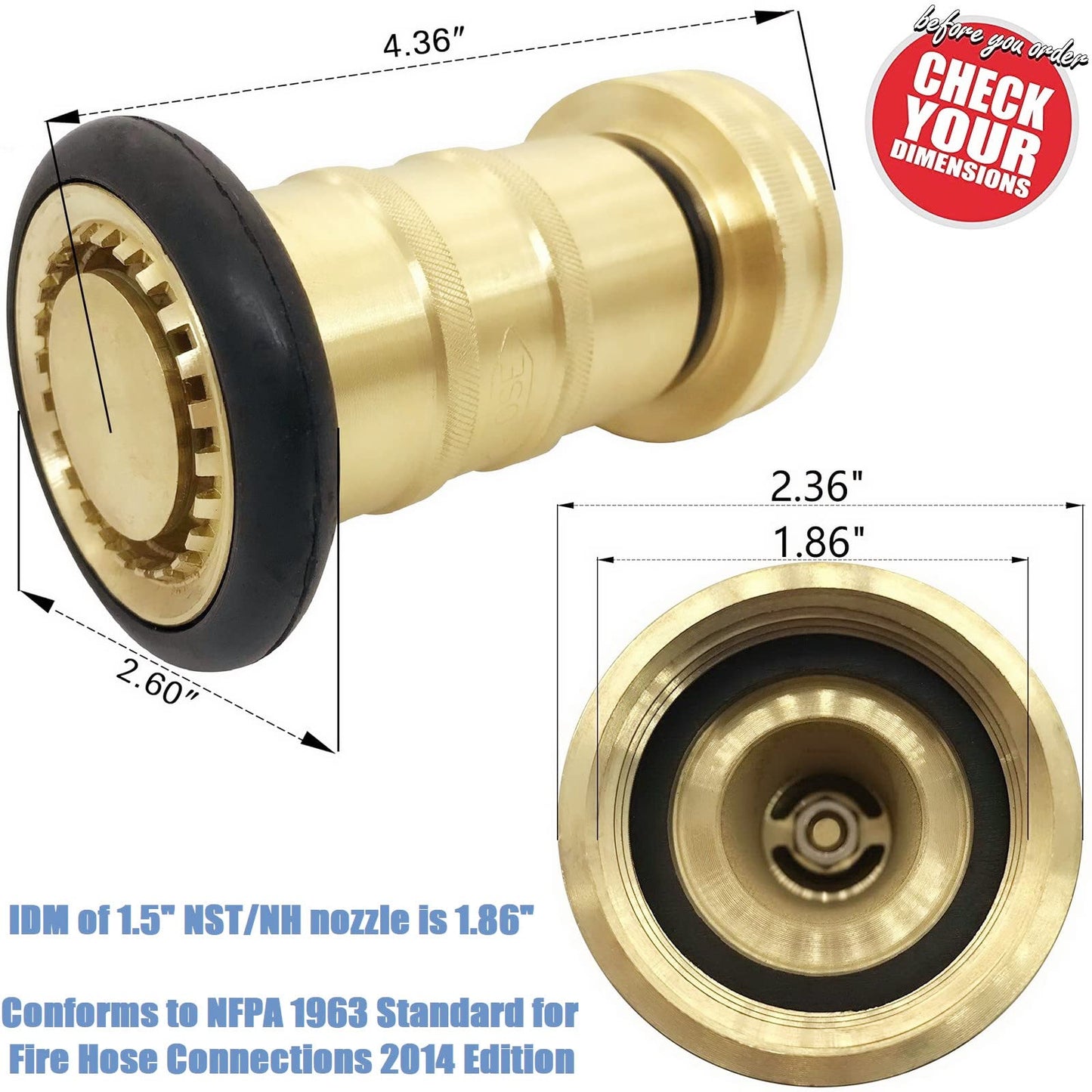 Happy Tree 1-1/2" NST/NH Brass Fire Hose Spray Nozzle 85 gpm Fire Equipment Heavy Duty Industrial Jet Fog Nozzle 100 psi FHSN04B