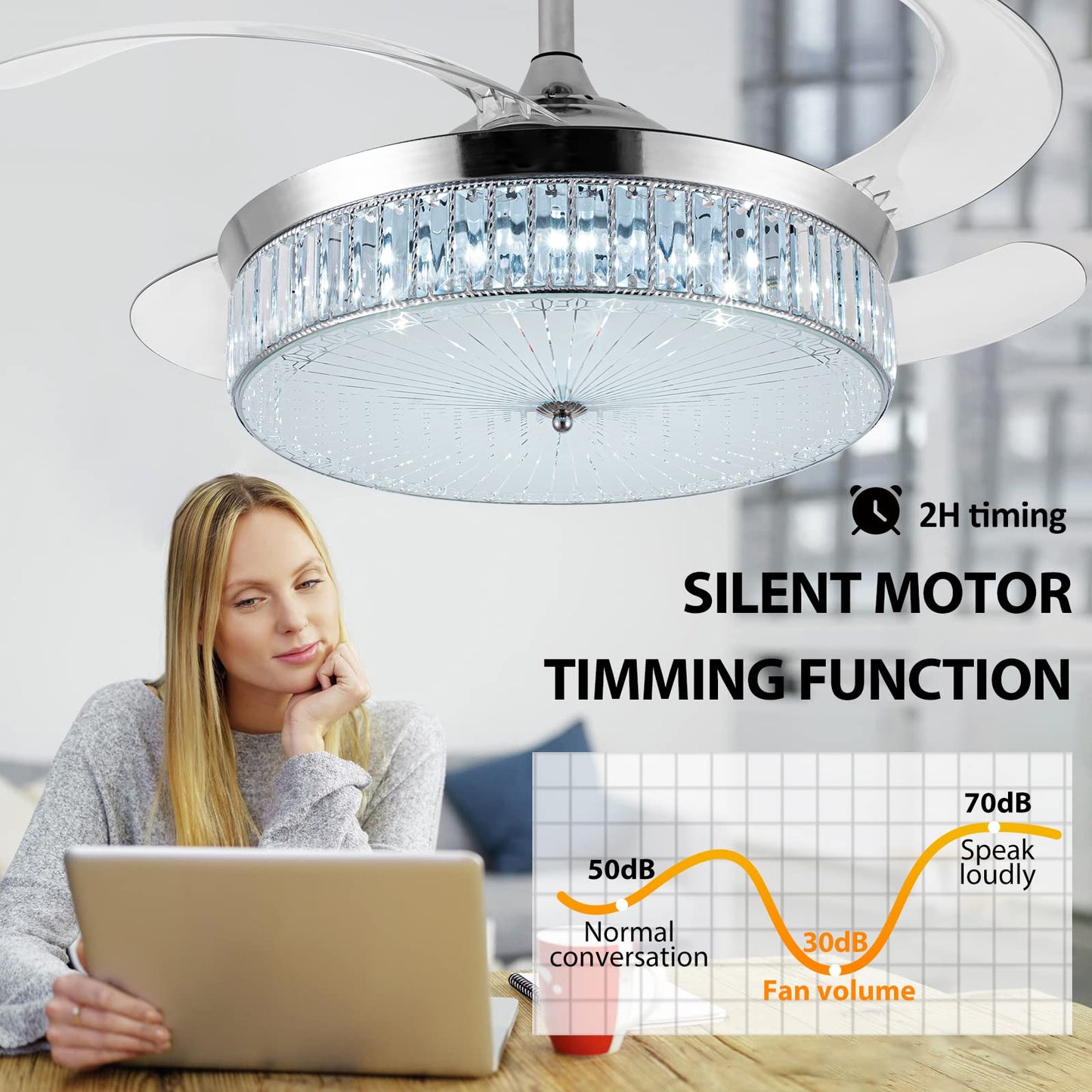 42" Invisible Ceiling Fan Chandelier Light,Modern Crystal Ceiling Fan Light Remote Control 4 Retractable ABS Blades for Bedroom Living Room Dining Room Decoration (Style D)