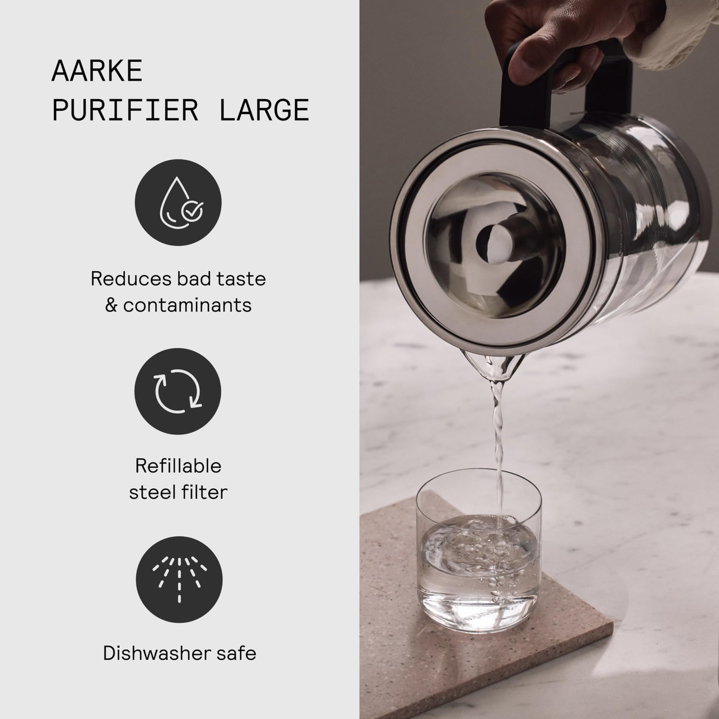 Aarke Purifier Glass Water Pitcher, Refillable Stainless Steel Filter, 8-Weeks Performance, BPA-Free, Dishwasher Safe, Pure & Enriched Refill Granules, 1.66L (7 Cups) Capacity
