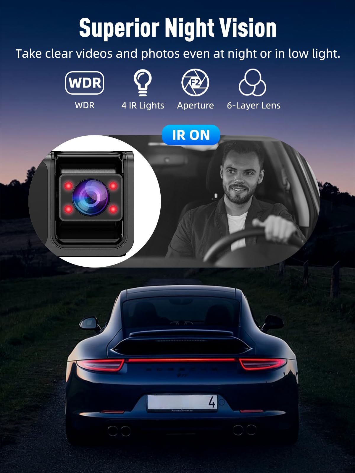 3 Channel WiFi Dash Cam, 4K+1080P+1080P Dash Cam Front and Rear Inside with 64GB Card, 3.16” IPS Screen, G-Sensor, Loop Recording, Parking Monitor, 170° Wide Angle, IR Night Vision, WDR, Silver