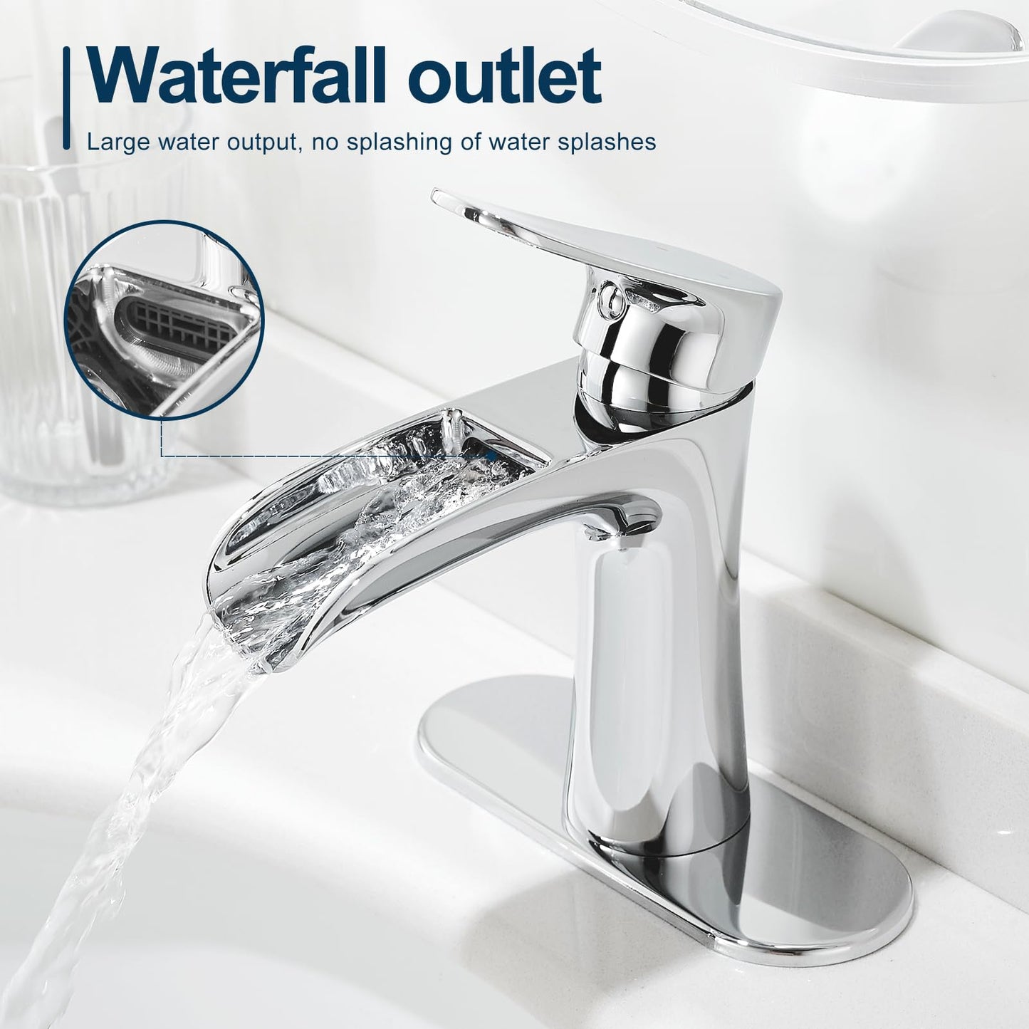 VOTON Chrome Bathroom Faucets Single Handle Waterfall Sink Faucet One Hole or Three Holes with Deck Mount Vanity Farmhouse RV Vessel Basin Faucet