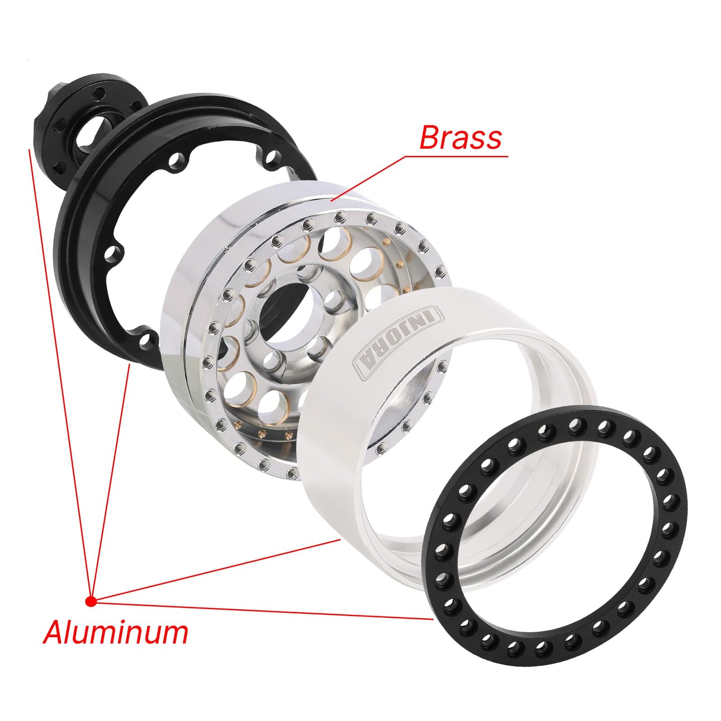 INJORA 1.9" Beadlock Wheel Rim - 153g Super Heavy Brass & Aluminum Deep Dish Wheel for 1/10 RC Crawler SCX10 TRX4 VS4-10 Gen8 (Silver)