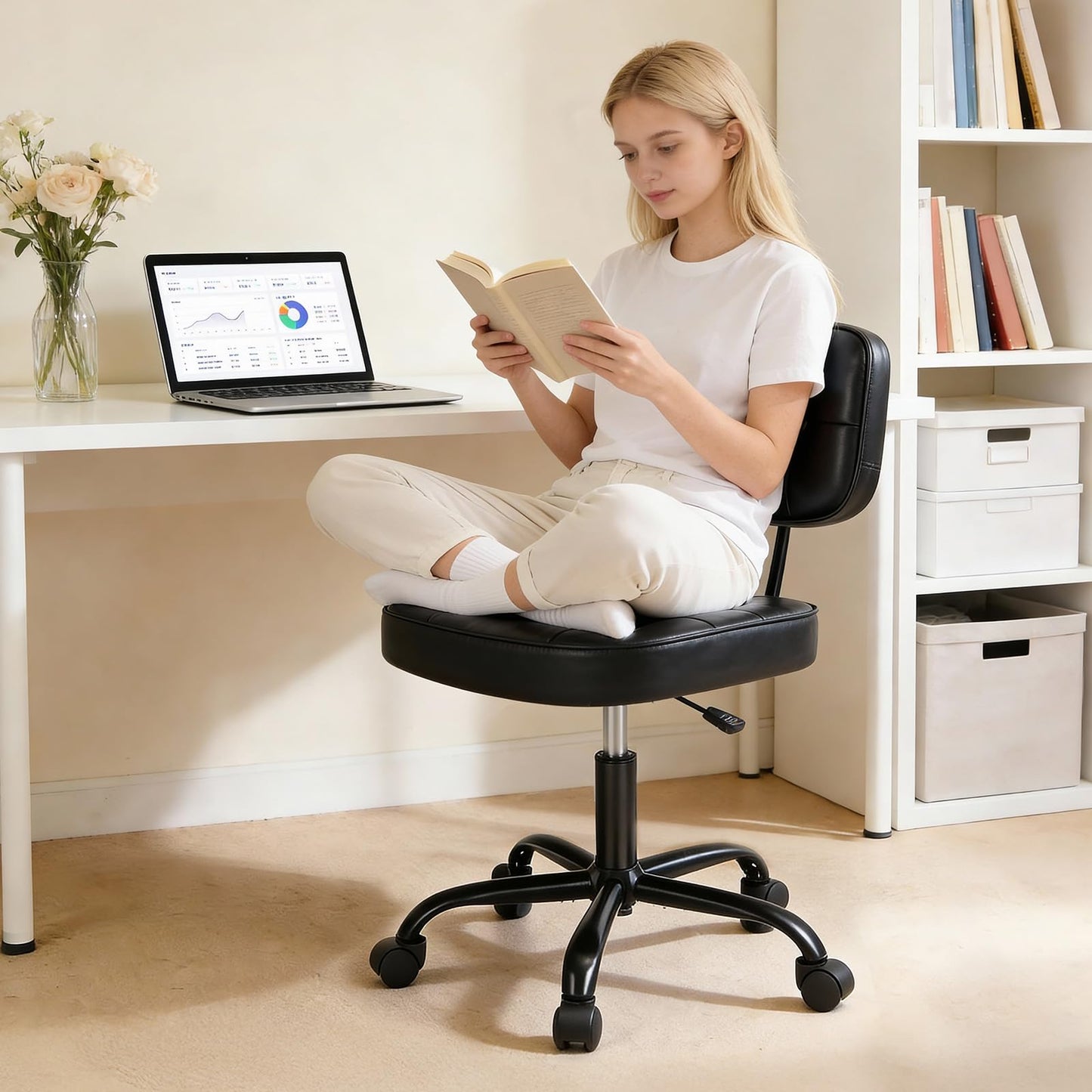 DUMOS Home Office Desk Chair - Ergonomic Armless PU Leather Computer Rolling Task Chair,with Comfy Lumbar Support and Height Adjustable, Vanity, Bedroom, Living Room, Black