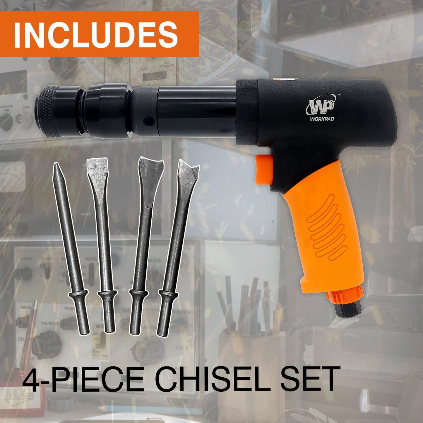 Air hammer,WP WORKPAD 270mm long barrel air chisel kit with 4pcs chisels with quick change retainer air chisel for shoveling and cutting