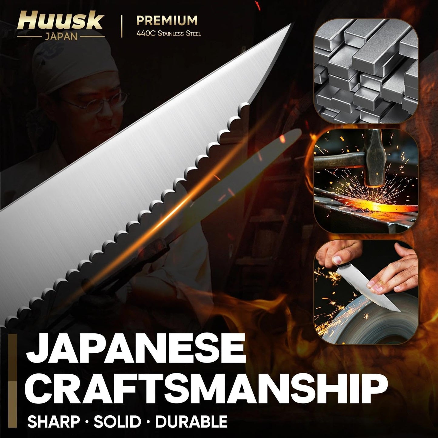 Huusk Steak Knives Set of 6 with Block, Sharp Serrated Steak Knives with Full Tang Handle, Japanese Stainless Steel Stake Knife Set with Drawer Organizer for Kitchen Dinner Table, Gifts for Men Women