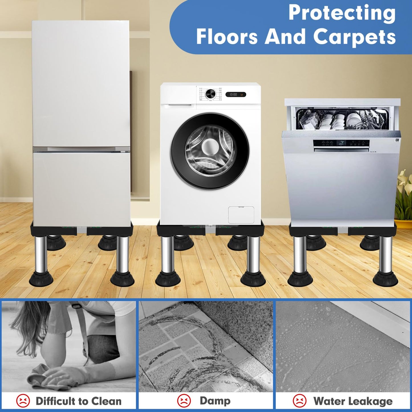 Ailahloe 12.2" to 13.4" Height Mini Fridge Stand Adjustable Washer and Dryer Pedestals Stand with 4 Strong Feet Heavy Duty Laundry Pedestal for 16-24 Inch Appliance 460 Pounds Stand (Black)