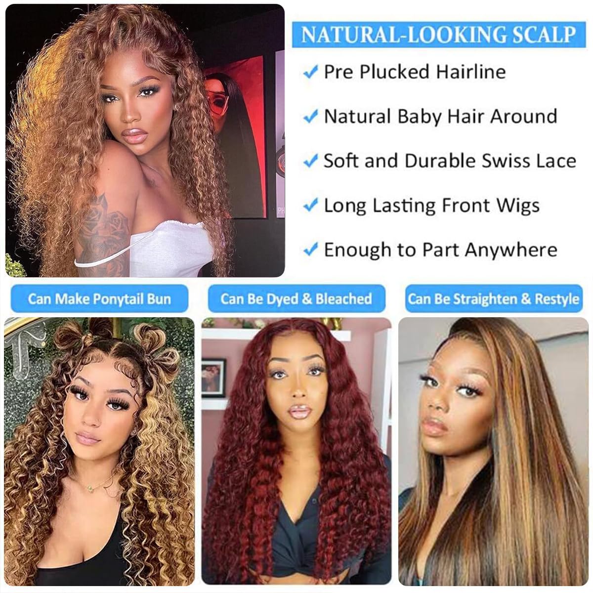 4/27 Ombre Deep wave Lace Front Wigs Human Hair, 13x4 HD Lace Ombre Curly Wig Human Hair, 26 Inch Curly Highlighted Wig Human Hair Glueless Pre Plucked, Honey Blonde Deep Wave Wig Human Hair 180%