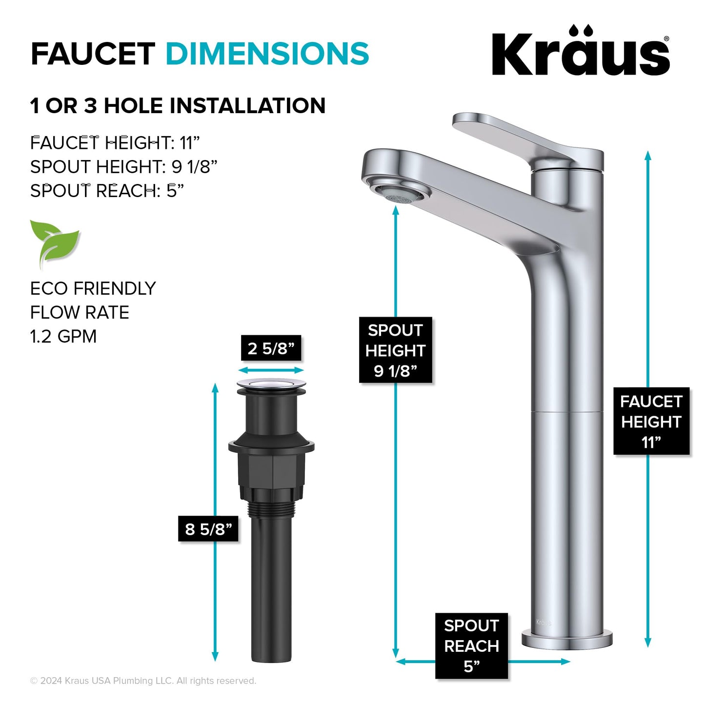 KRAUS Indy Bathroom Faucet for Vessel Sink in Chrome with Single Handle, Pop Up Drain and Supply Lines, KVF-1410CH