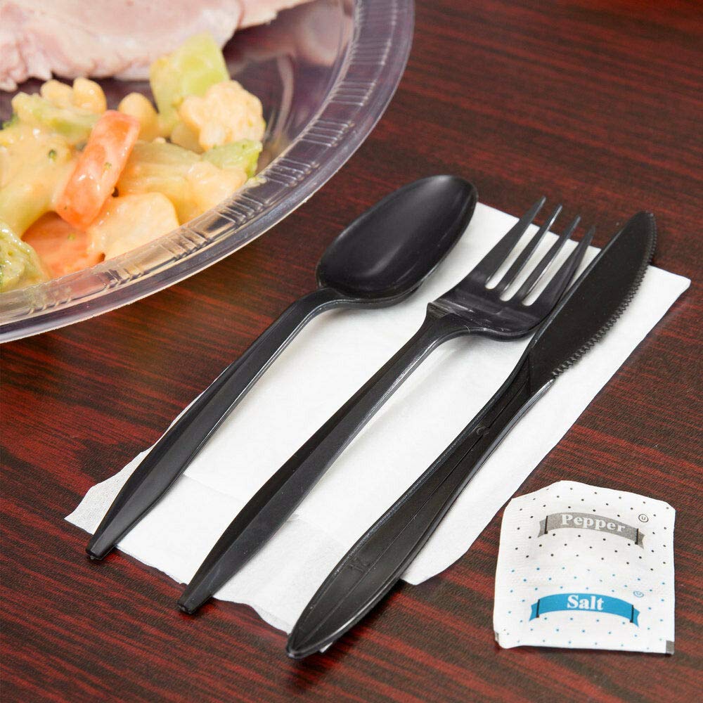 250 Plastic Cutlery Packets - Knife Fork Spoon Napkin Salt Pepper Sets | Black Silverware Sets Individually Wrapped Kits, Bulk Plastic Utensil Cutlery Disposable To Go Silverware