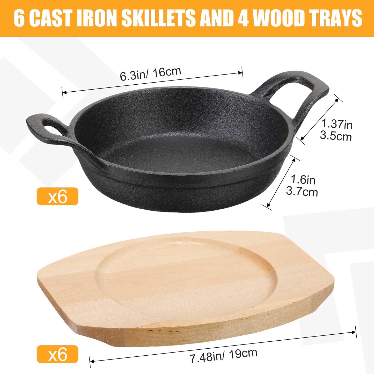 Nuogo 6 Sets Mini Cast Iron Skillet Mini Cast Iron Plates Skillet with Wooden Base Small Round Fajita Plate iron Pan Pot for Cooking Party(6.3 Inches)