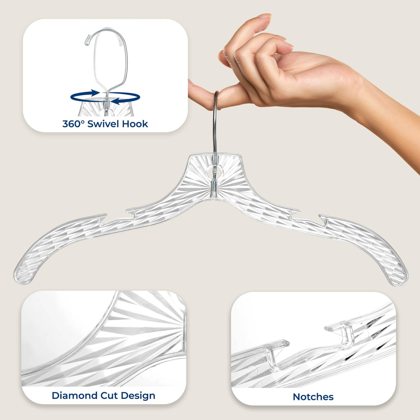 SereneLife 50 Pack Transparent Plastic Hangers, Crystal Clear, Non-Slip with Notched Shoulders, Ultra-Thin Space Saving, Closet & Retail Use, with Swivel Hook for Clothes, Shirts, Dresses, Jackets