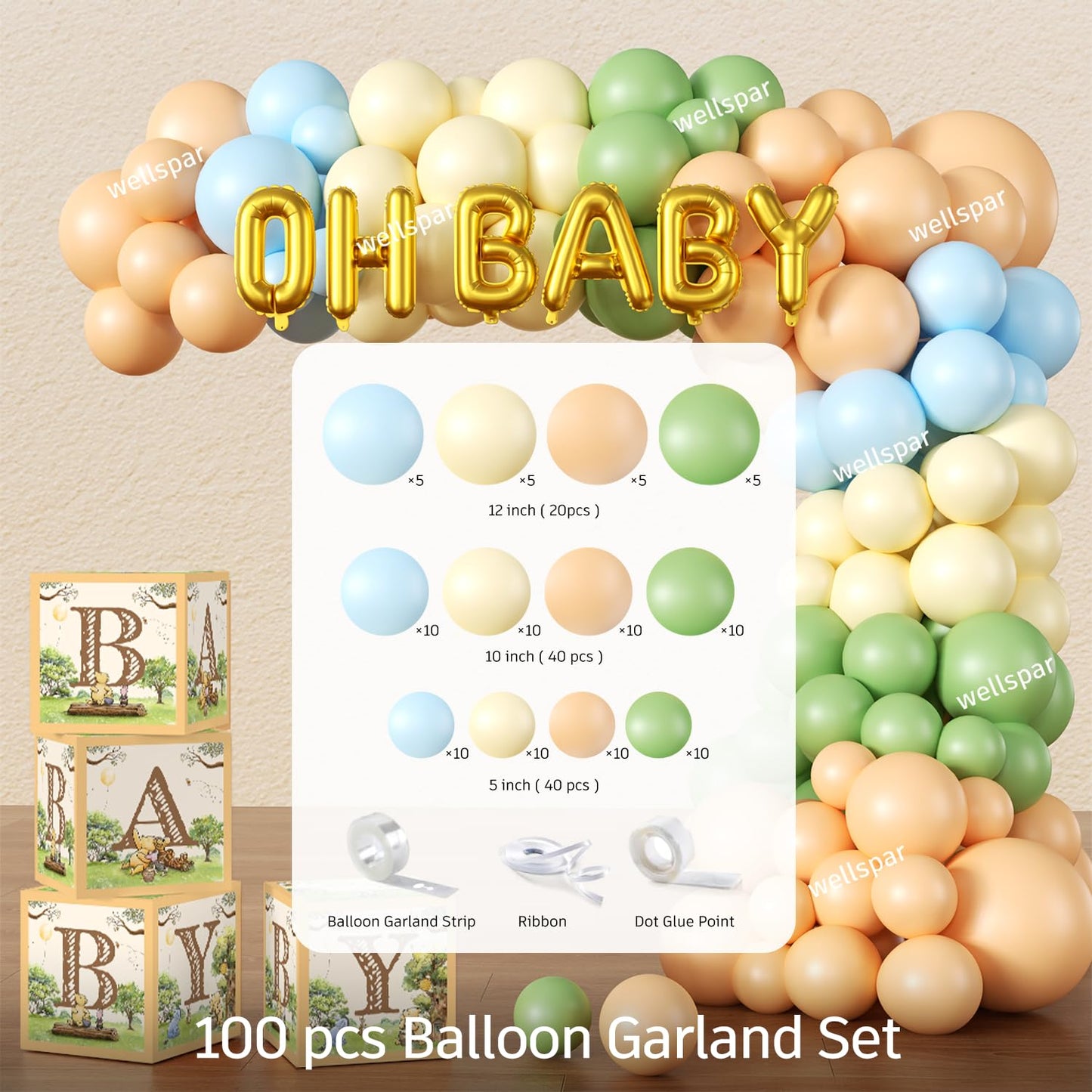 336pcs Classic Bear Baby Shower Decorations, Neutral All-in-one Complete Party Set with 25pcs Plates, 2 Tablecloths, Backdrop Cake Cupcake Topper for Bear Party Decor, 25 Guests