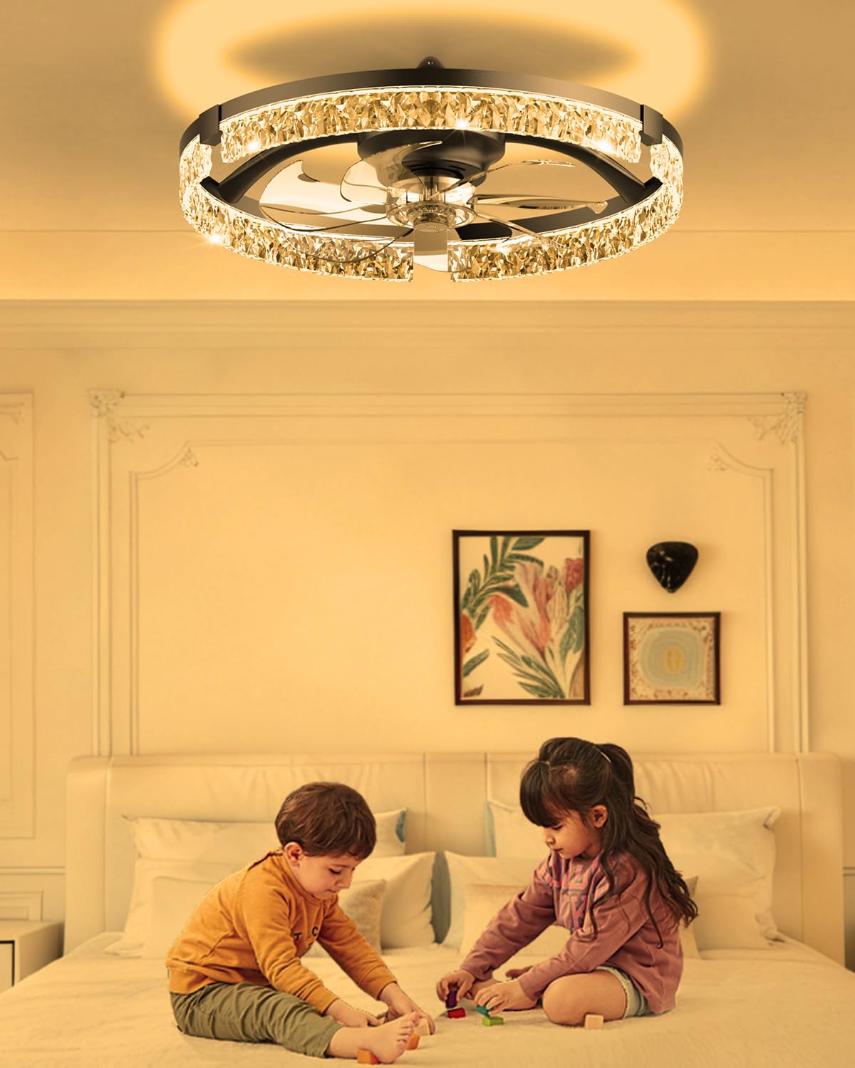 AIKVSXER 20" Low Profile Ceiling Fan with Light and Remote, Dimmable LED Flush Mount Ceiling Fan, 6 Speeds, White Modern Design for Bedroom/Living Room (Black-Crystal)