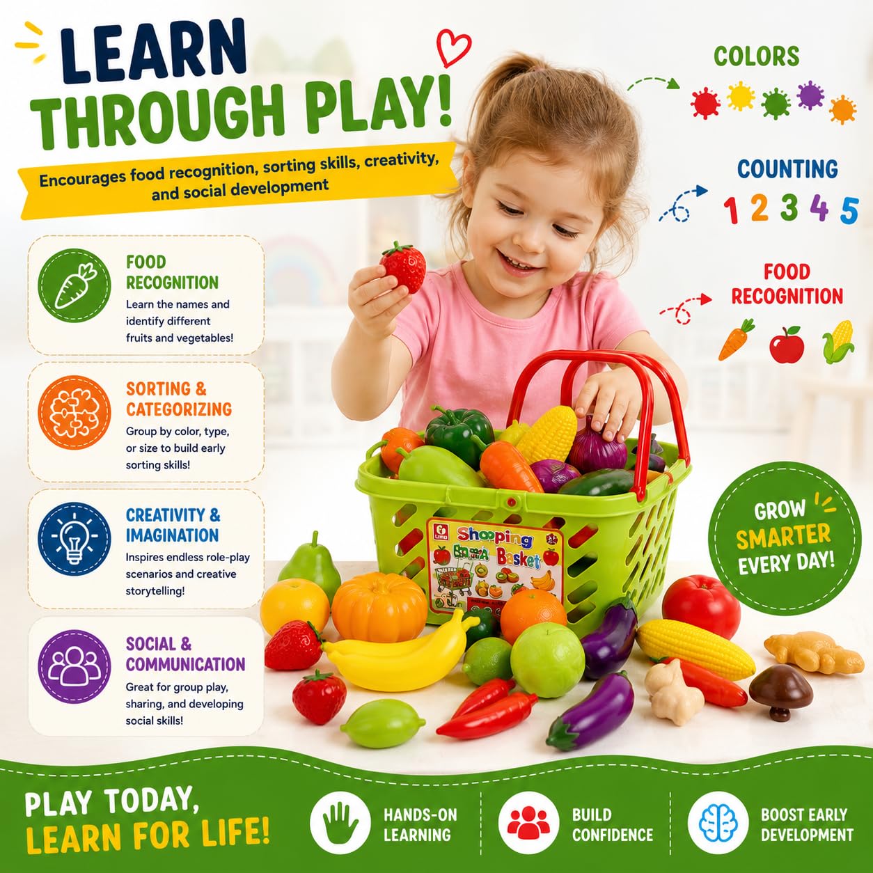 Liberty Imports Fruits and Vegetables Shopping Basket Grocery Play Food Set for Kids-38 Pieces