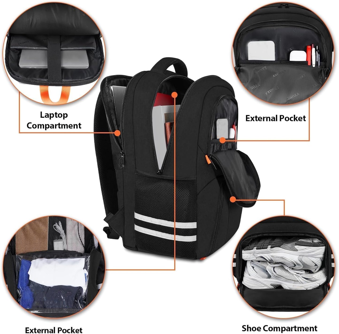 Ytonet Gym Backpack For Men Women, Travel Sports Track Bag With Shoe Compartment, Large Workout Laptop Backpack Water Resistant College Bag Fit 15.6 Inch, Camping, Black