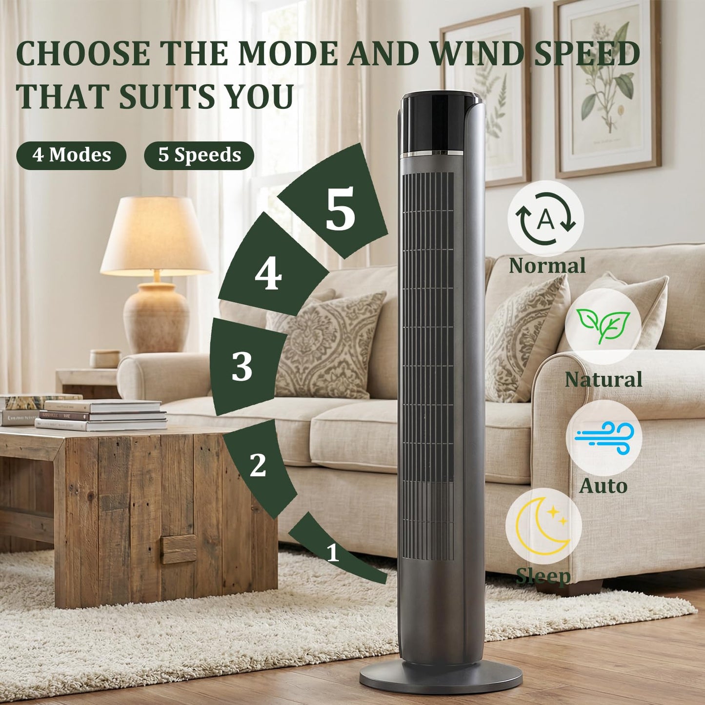 Tower Fan for Bedroom, Bladeless Cooling Fan with Remote, 60° Oscillating Standing Fan with 28dB Quiet for Sleep, 12H Timer, 5 Speeds 4 Modes, LED Display, 20ft/s Velocity Floor Fan for Indoor Use