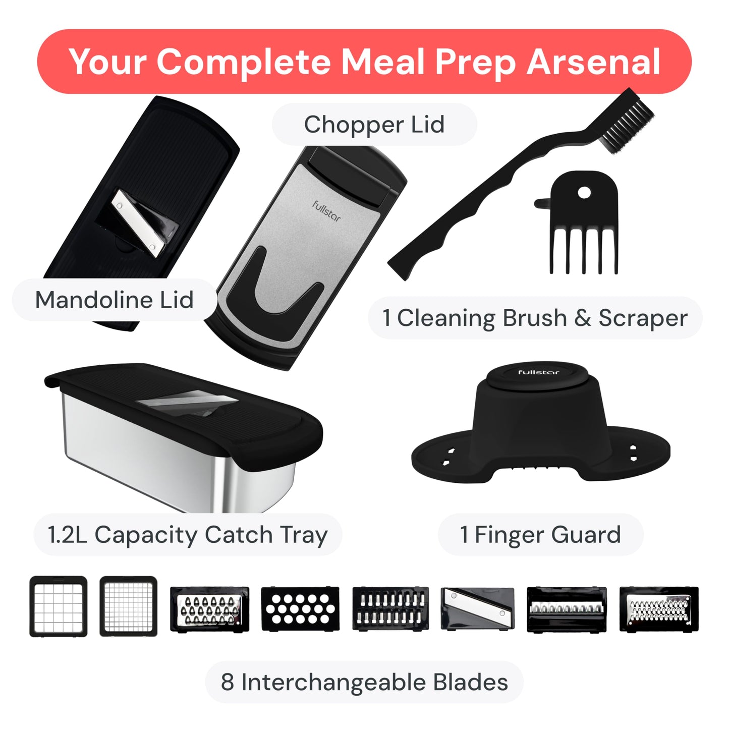 Fullstar All in One Vegetable Chopper and Mandoline Slicer - Food Chopper with Container and Julienne Slicer, Fruit Slicer, Veggie Cutter, Kitchen Gadgets & Gift for Mom (8 in 1, Stainless Steel)
