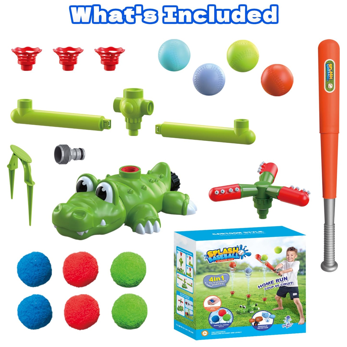 Intoypad 4-in-1 Kids Sprinkler Baseball & Water Ball Toy, Sprinkler with 3 Jets, 4 Baseballs & 6 Reusable Water Balls, Outdoor Summer Toys for Boys Girls Outside Yard Water Game Toys for Kids Ages 3-8