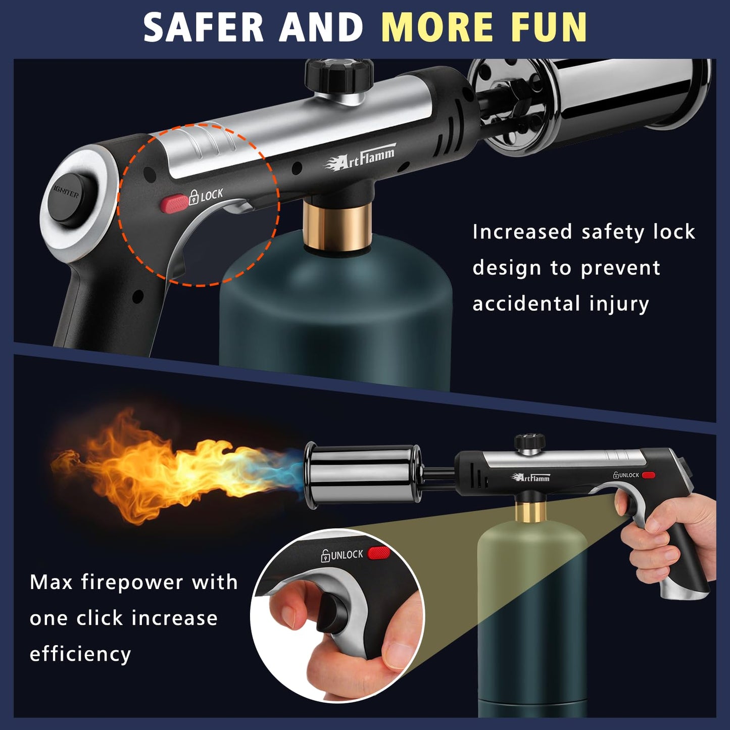 ARTFLAMM Powerful Propane Torch Gun, Flamethrower with Turbo Mode, Charcoal Torch Lighter with Safety Lock, Kitchen Blow Torch for Cooking, BBQ, Searing Steak, Grill(Tank Not Included)
