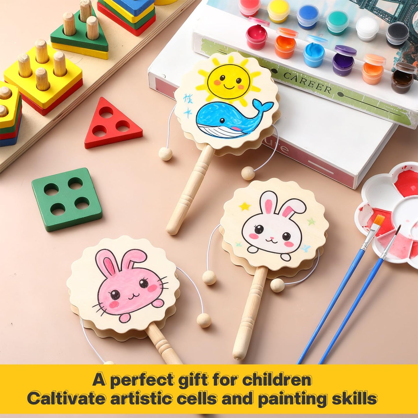 Arrowbash 24 Pcs DIY Rattle Set, Unfinished Blank Wooden Rattle, 6.3 x 3.35 Inch Hand Drum Craft Kit Suitable for Art Painting Education, Social Emotional and Sensitivity